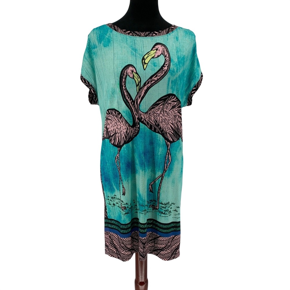 Hale Bob Flamingo Print Beach Cover Up Dress Blue Pink Sample XS S